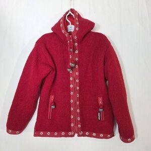 Laundromat handmade  wool knit Red Teddy zip up hoodie Jacket with Floral Trim
